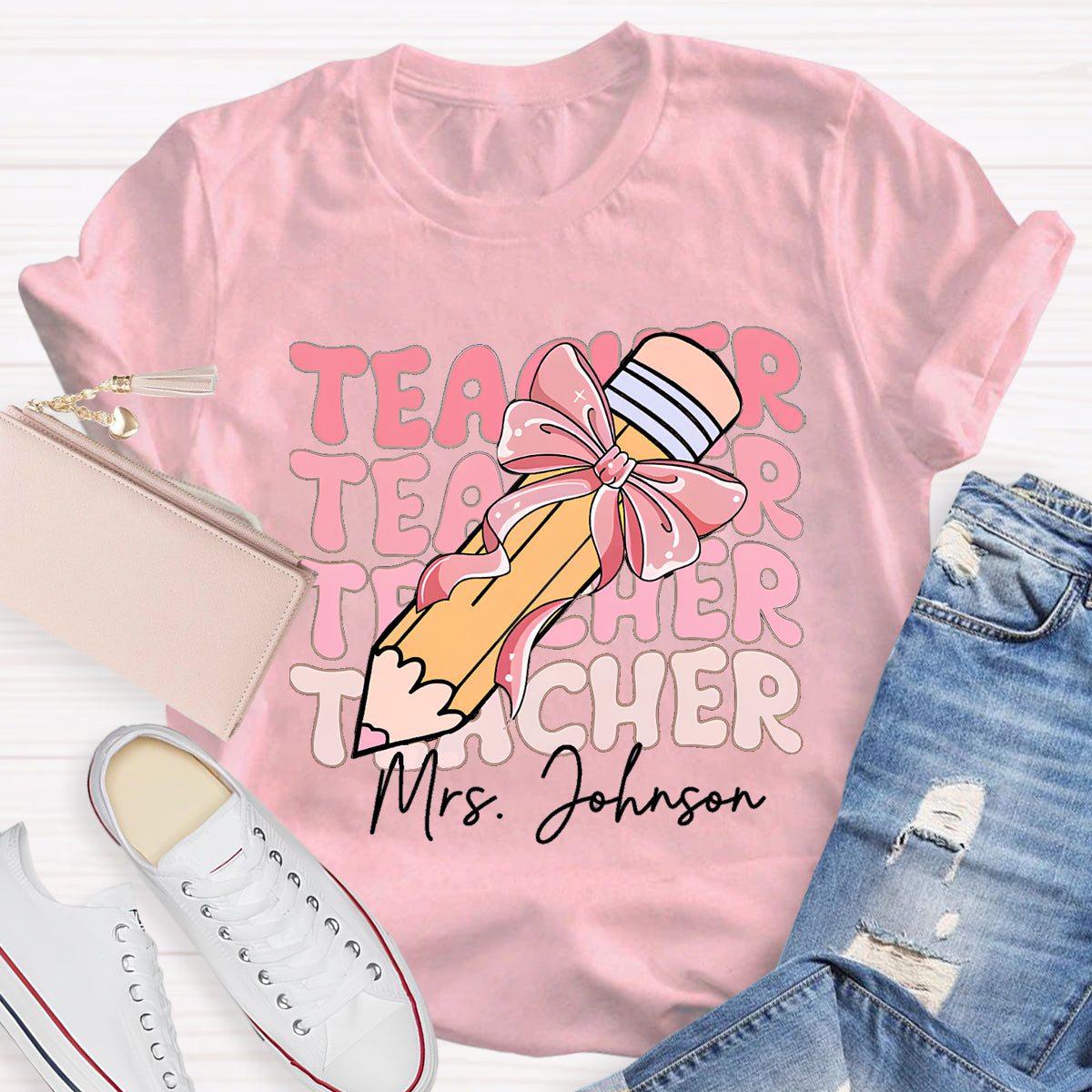 Personalized Name Pink Pencil Teacher Mrs Johnson T-Shirt