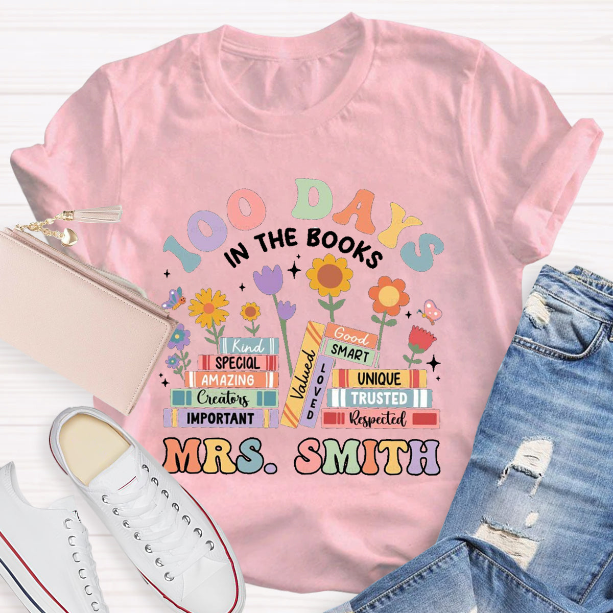 Personalized Name 100 Days In Books Teacher T-Shirt