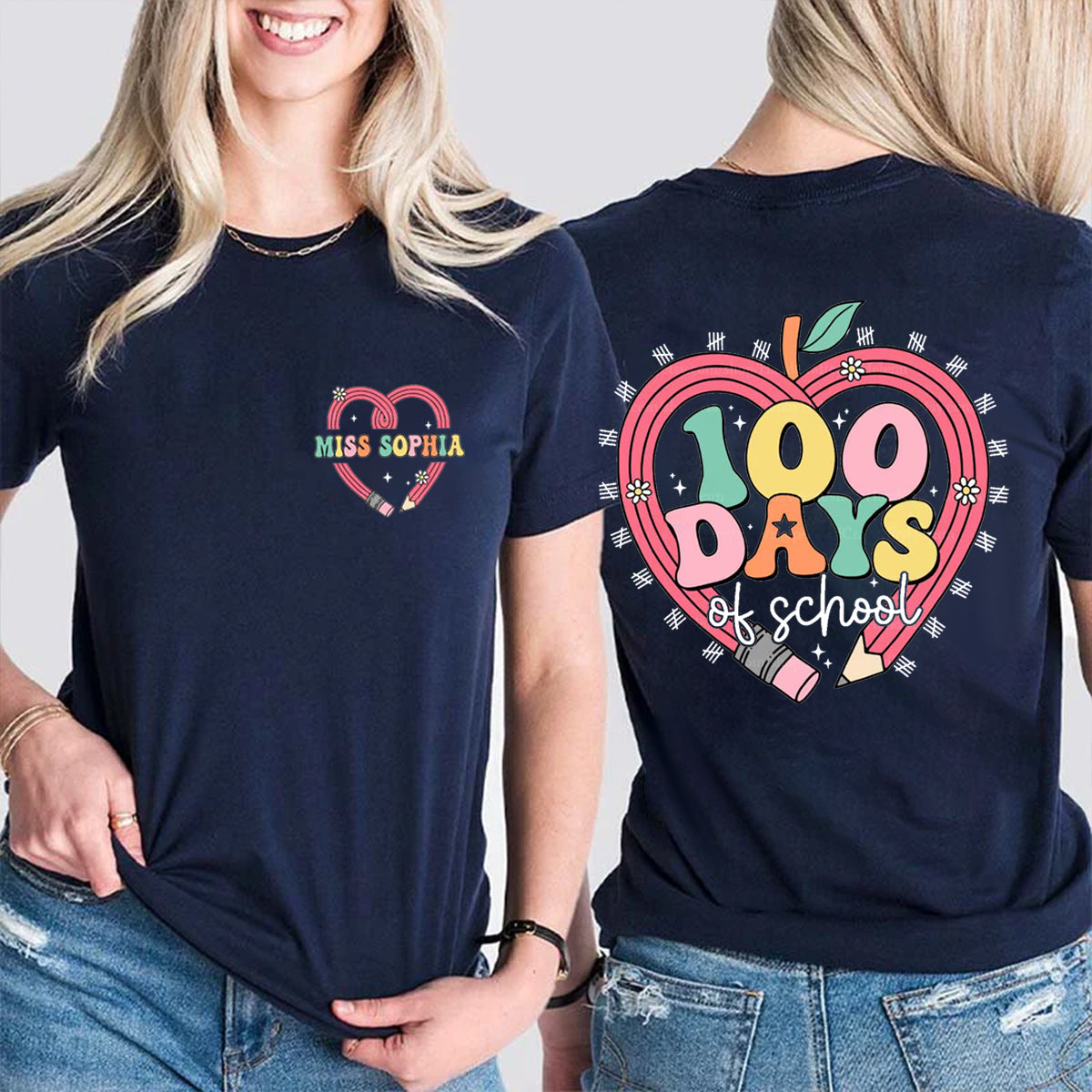 Personalized Name 100 Days Of School Pencil Heart Double Printed T-shirt