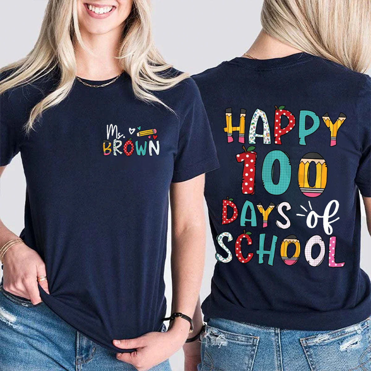 Personalized Name Happy 100 Days Of School Double Printed T-shirt