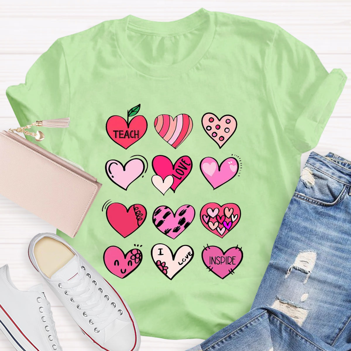 Cartoon Hearts Teach Love Inspire Teacher T-Shirt