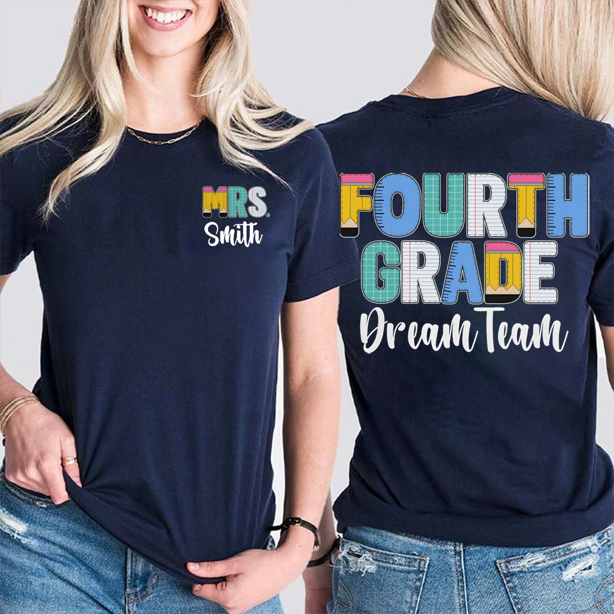 Personalized Grade And Name Double Colorful Pencil Printed T-shirt