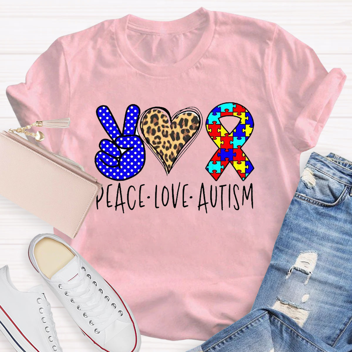 Peace love Autism Leopard Heart T-Shirt