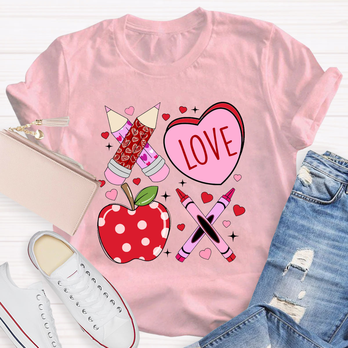 Pink Pencil And Apple Love Teacher T-Shirt