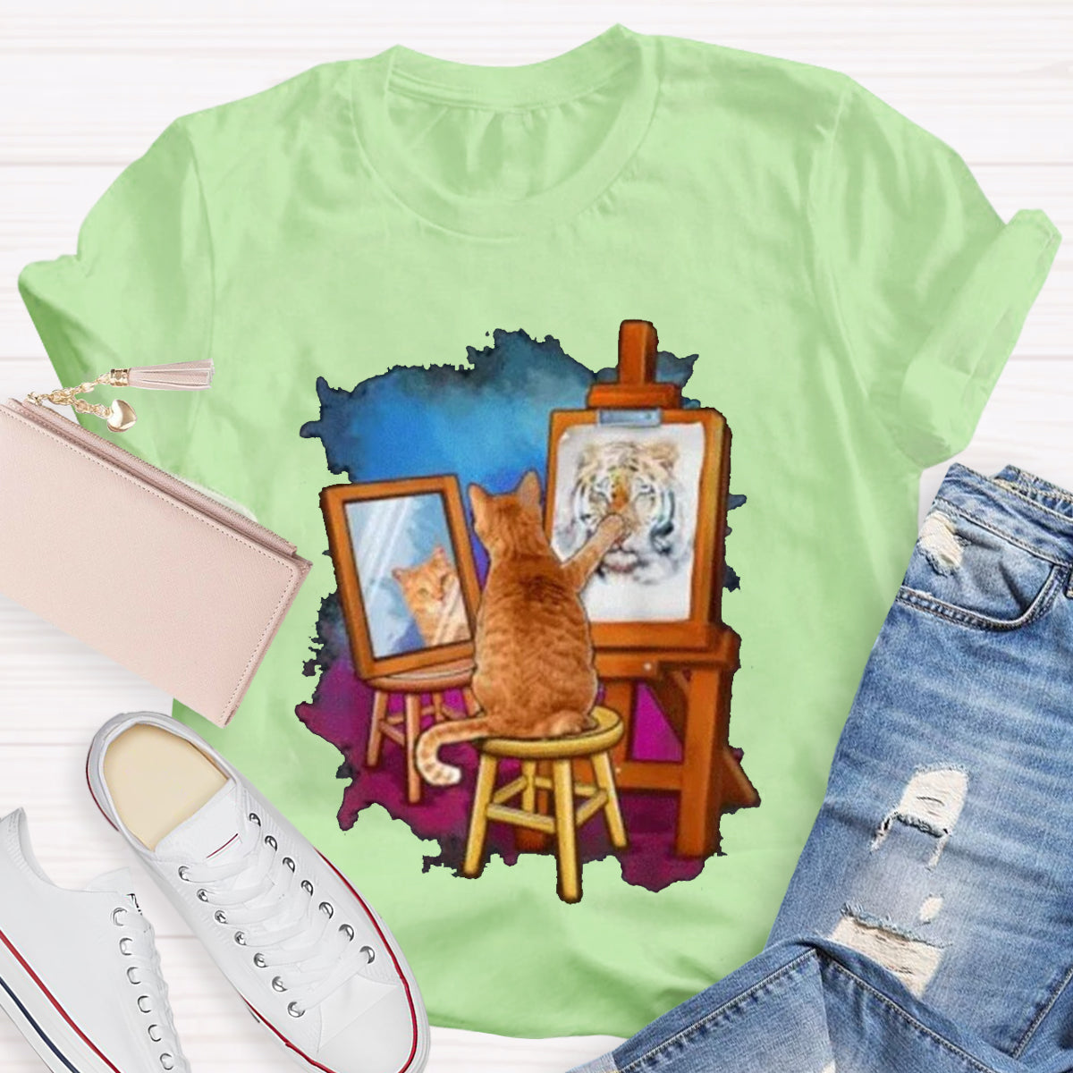 Funny Cat Painting Lion Teacher T-Shirt