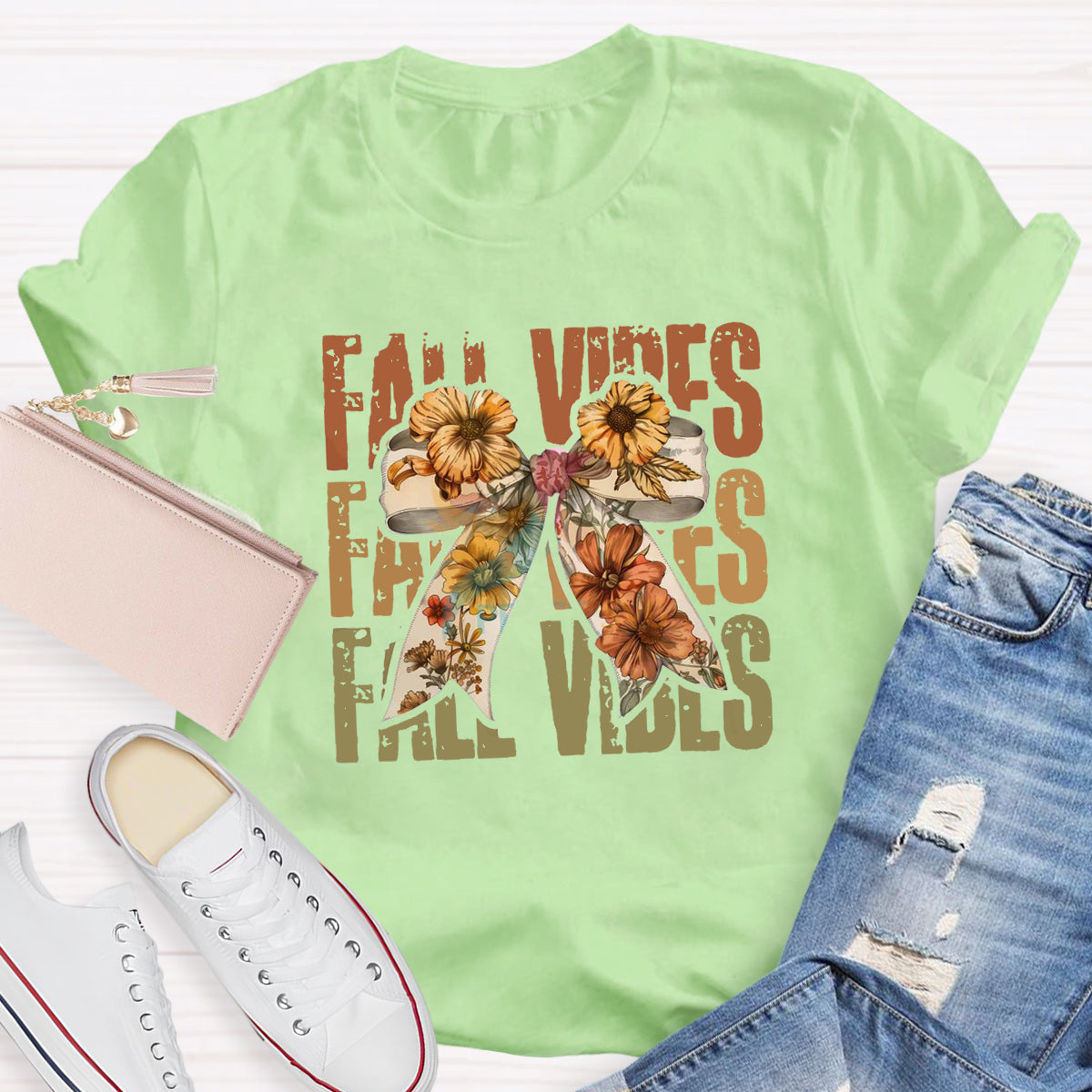 Bow Flowers Thanksgiving Autumn Fall Vibes T-Shirt