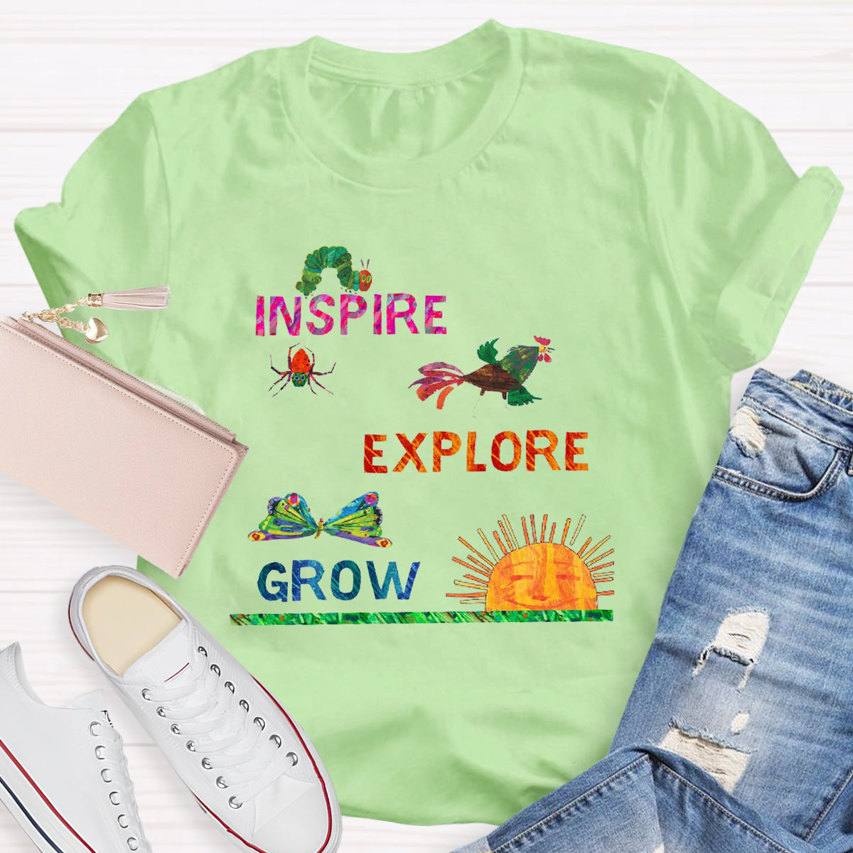 Inspire Explore Grow Caterpillar Grows Colorful Butterfly T-Shirt