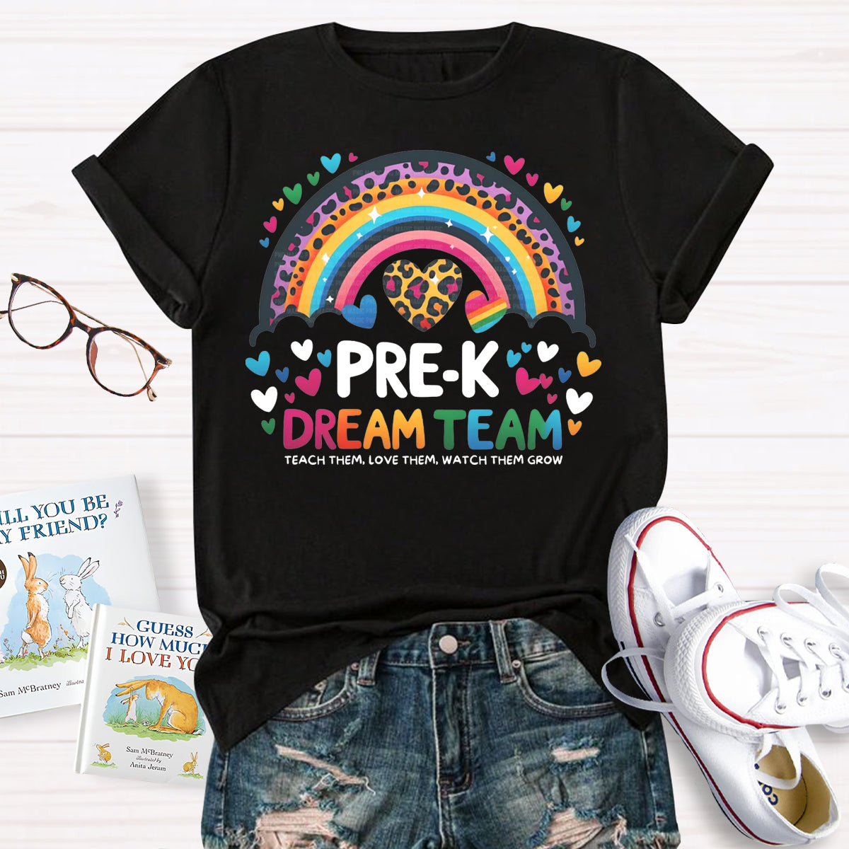 Personalized Grade Pre-K Dream Team Leopard Rainbow Teacher T-Shirt