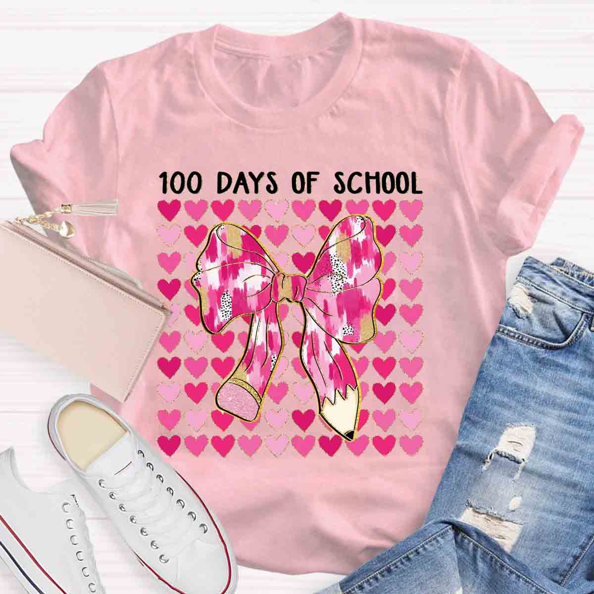 100 Days Of School Pink Heart Bow Teacher T-Shirt