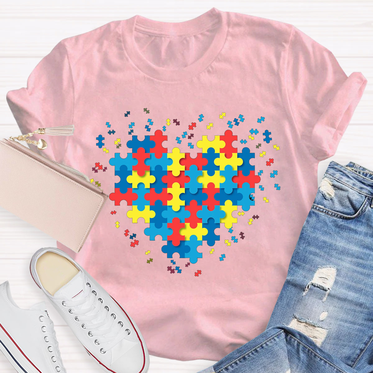 Autism Awareness Puzzle Colorful Heart T-Shirt