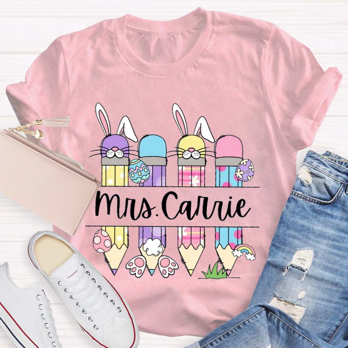 Personalized Name Bunny Teacher T-Shirt