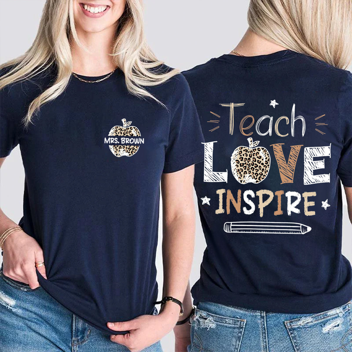 Personalized Name Teach Love Inspire Leopard Apple  Double Printed T-shirt