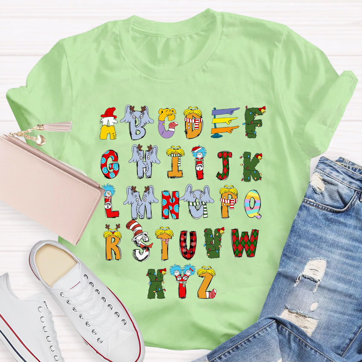 Christmas Doodle Alphabet Cat In The Hat Children's Book Teacher T-Shirt