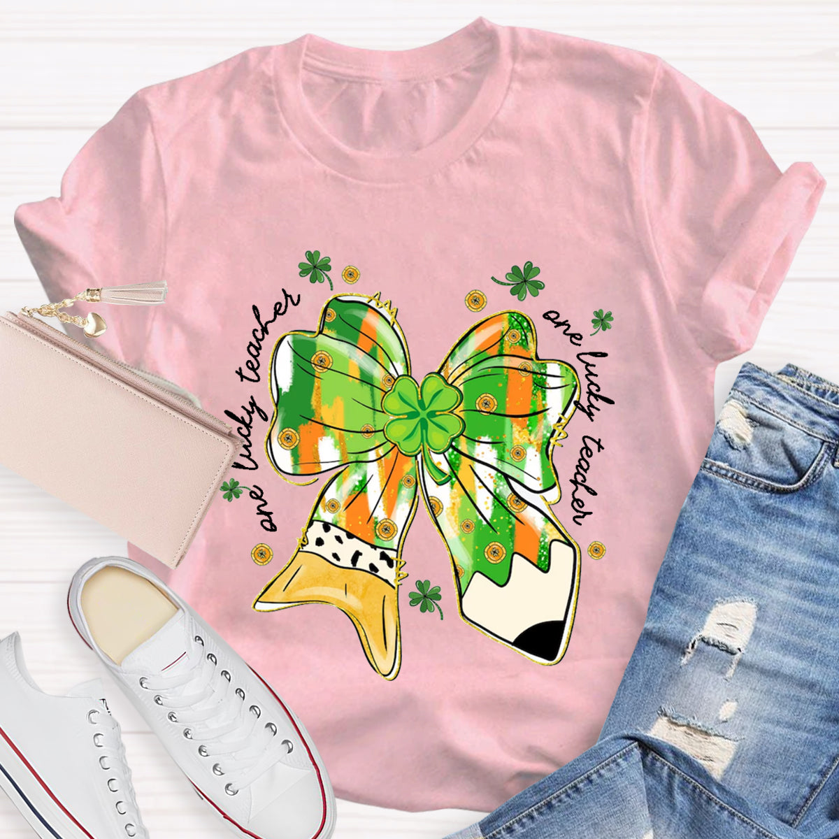 One Lucky Teacher Green Bow T-Shirt