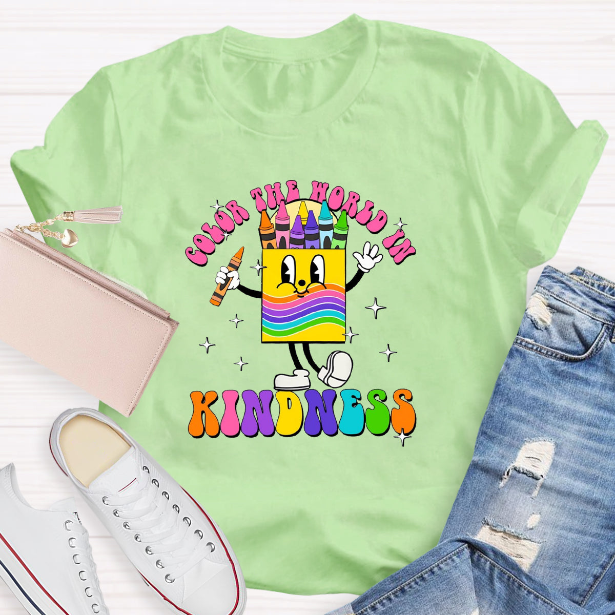 Color The World In Kindness Crayon Pencil Teacher T-Shirt