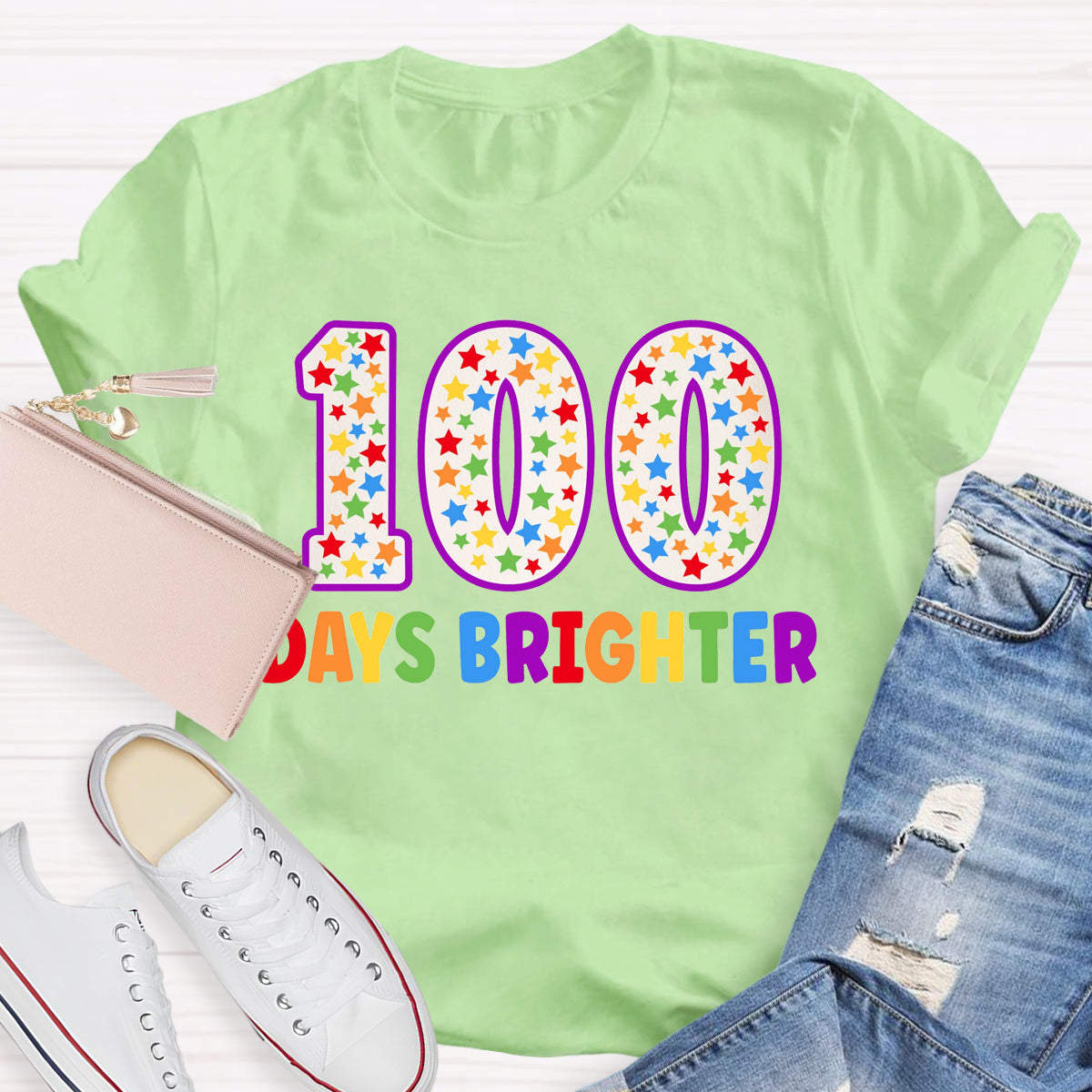 100 Days Brighter Colorful Letter Teacher T-Shirt