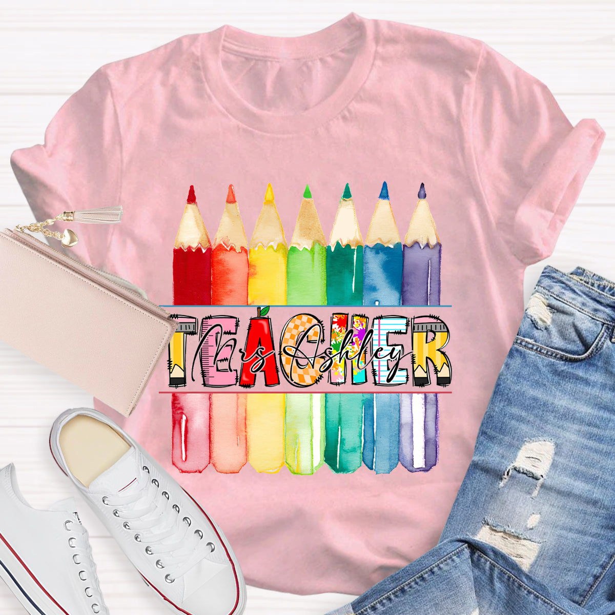 Personalized Teacher's Name Colorful Pencil T-Shirt