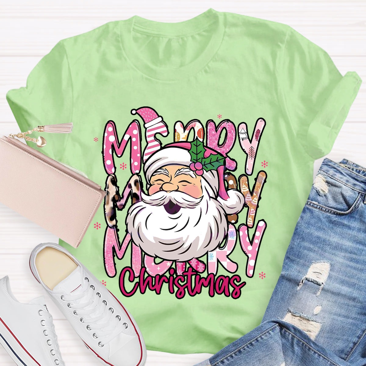 Pink Santa Claus Merry Christmas Teacher T-Shirt