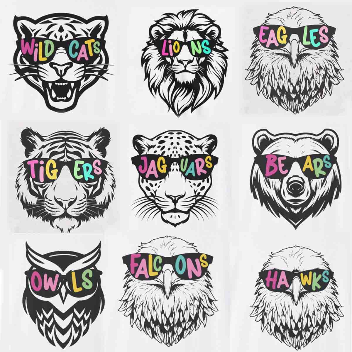 Personalized Mascot Colorful Letter Sunglasses Wildcats Mascot School Spirit T-Shirt
