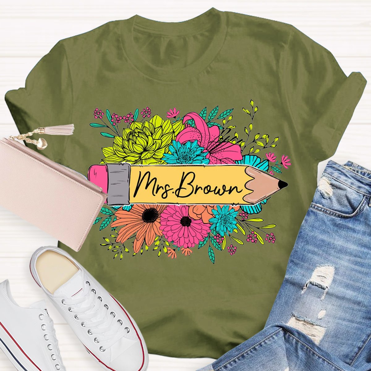 Personalized Name Floral Teacher Shirt