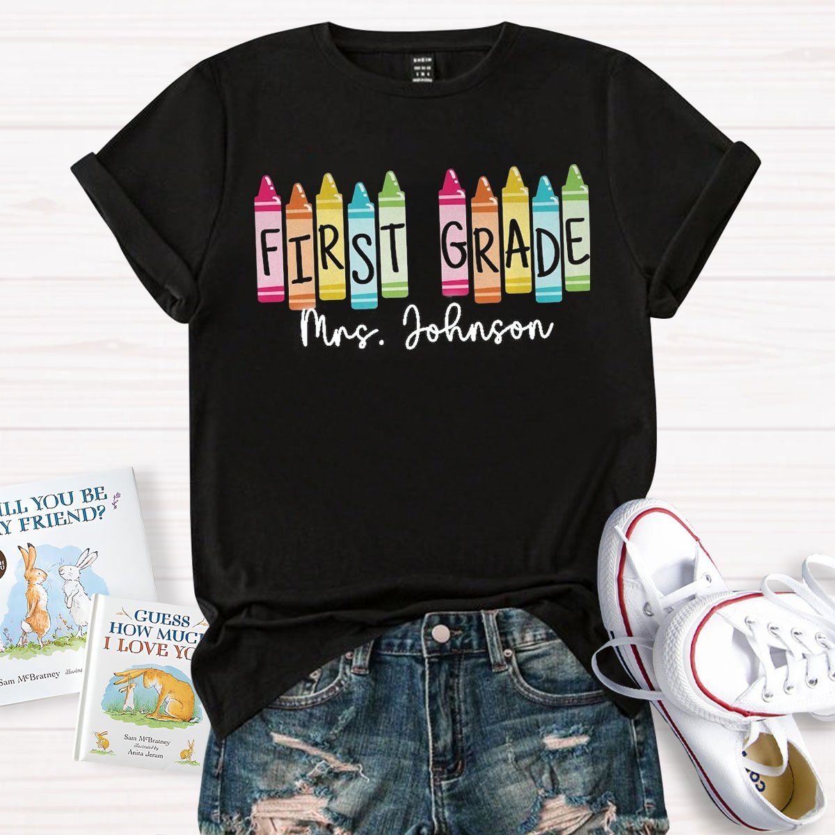 Personalized Grade And Name Colored Crayons T-Shirt