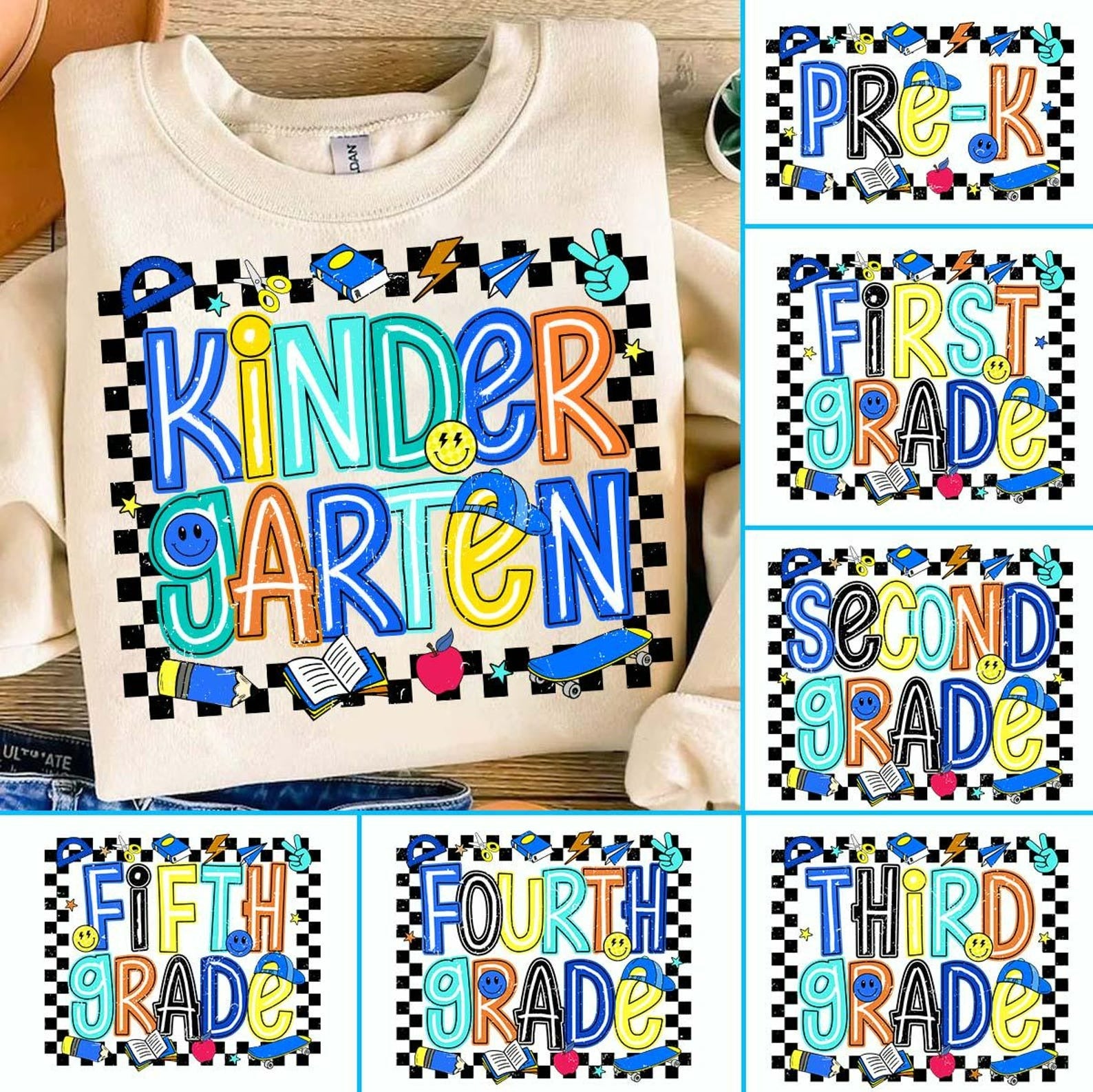 Personalized Grade Kinder Garten Smiley Face Pattern And Checkered T-shirt