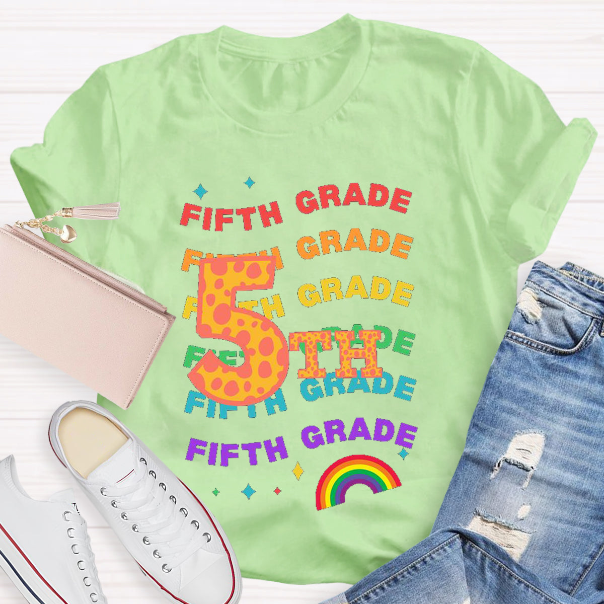 Personalized Grade Rainbow Teacher T-Shirt