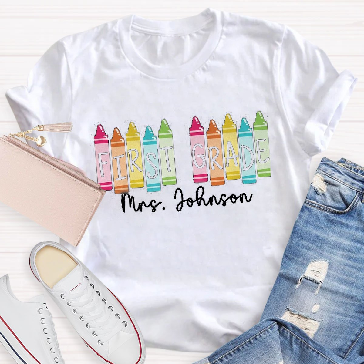 Personalized Grade And Name Colored Crayons T-Shirt