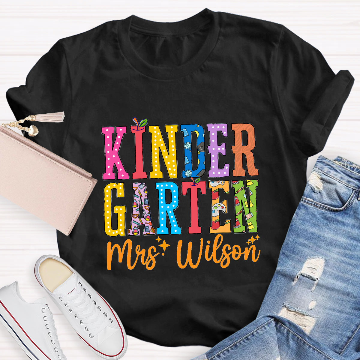 Personalized Teacher Name And Grade Apple Printed T-Shirt