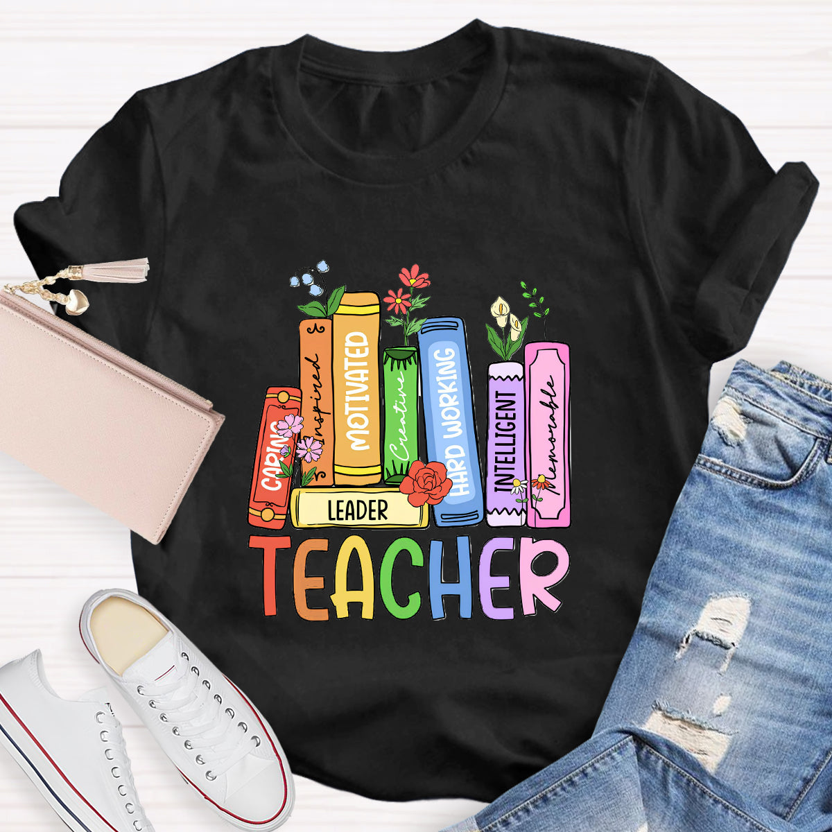 Caring Motivated Floral Books Teacher T-Shirt