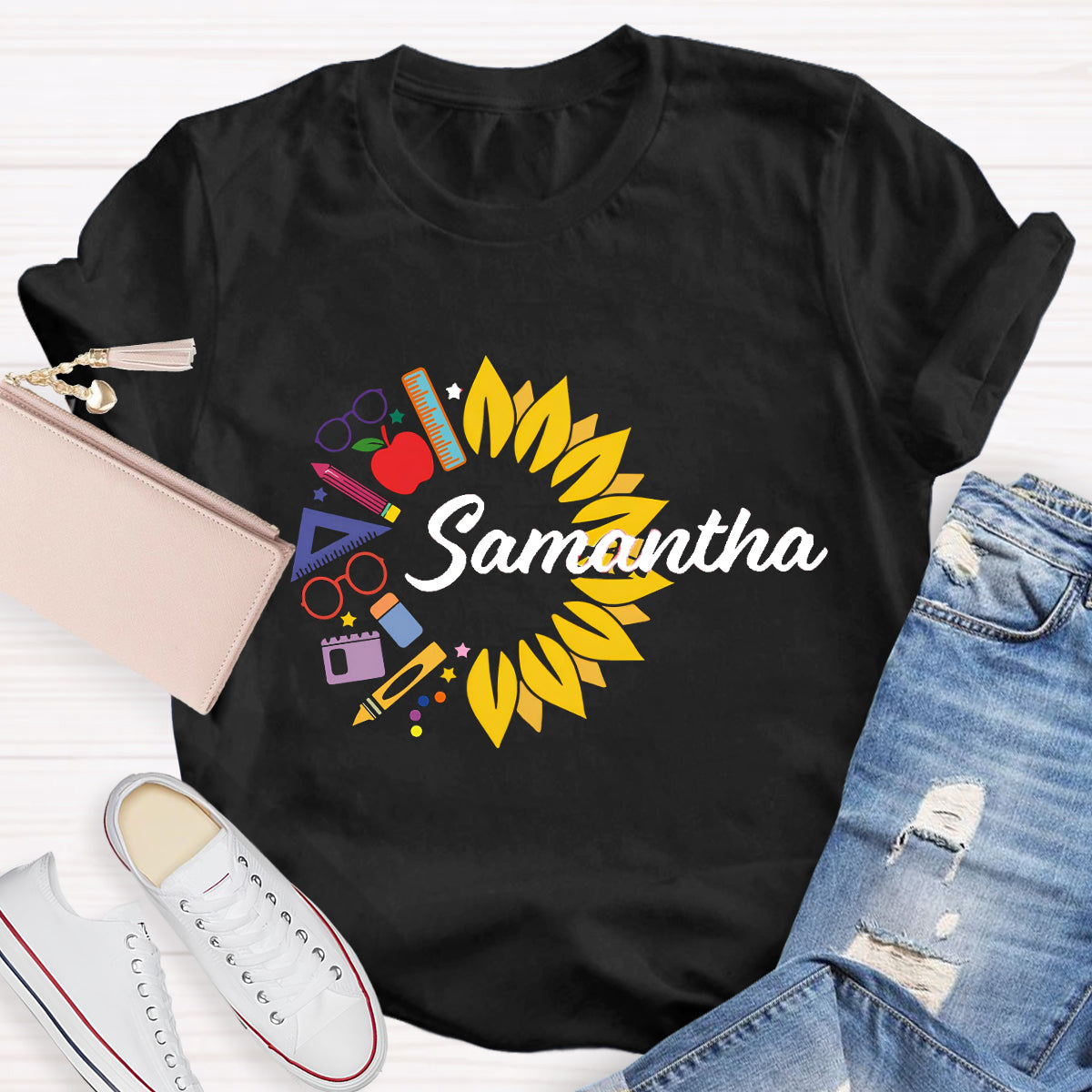 Personalized Name Sunflower Pencil Samantha Teacher T-Shirt