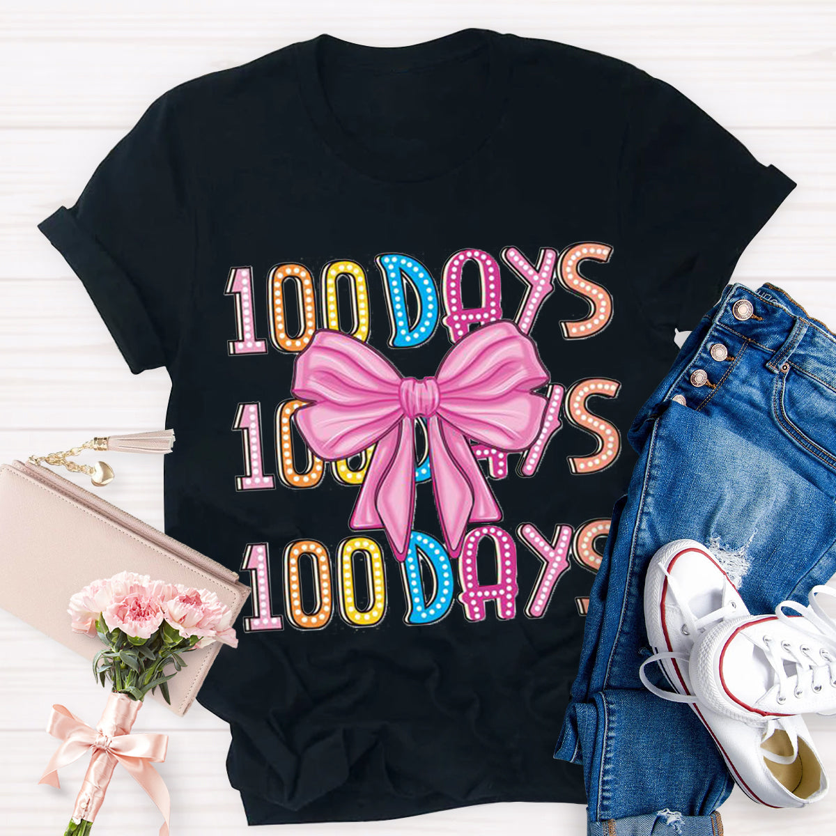 Happy 100 Days Of School  Polka Dot Bow  T-Shirt