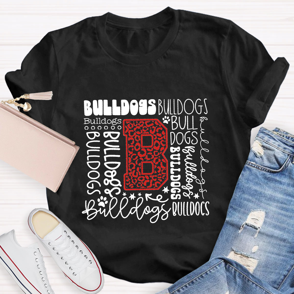 Personalized Mascot Bulldogs Red Printed Teacher T-Shirt