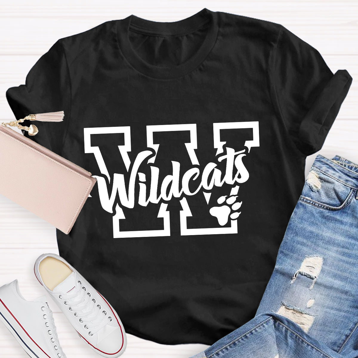Personalized School Mascot Wildcats Black Letters Teacher T-Shirt