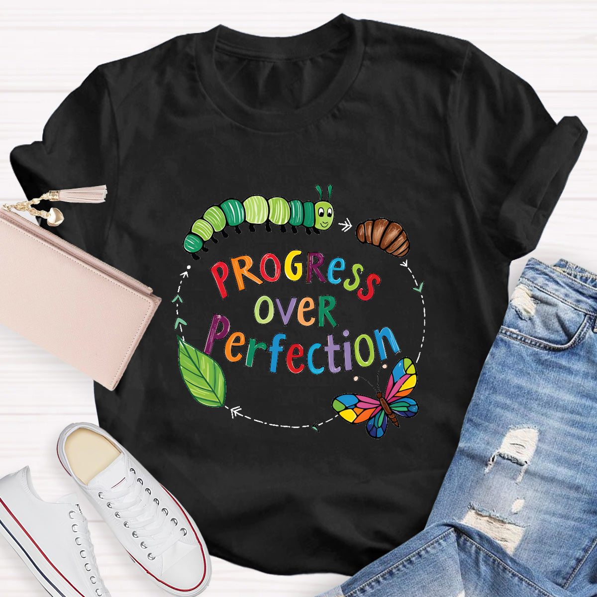 Progress Over Perfection Butterfly Teacher T-Shirt