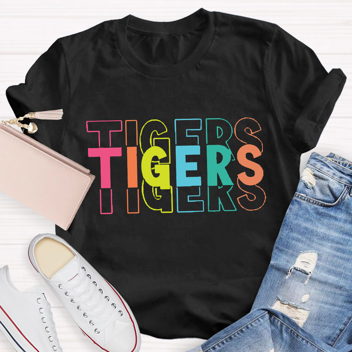 Personalized  Mascot Tigers Colorful Letters Teacher T-Shirt
