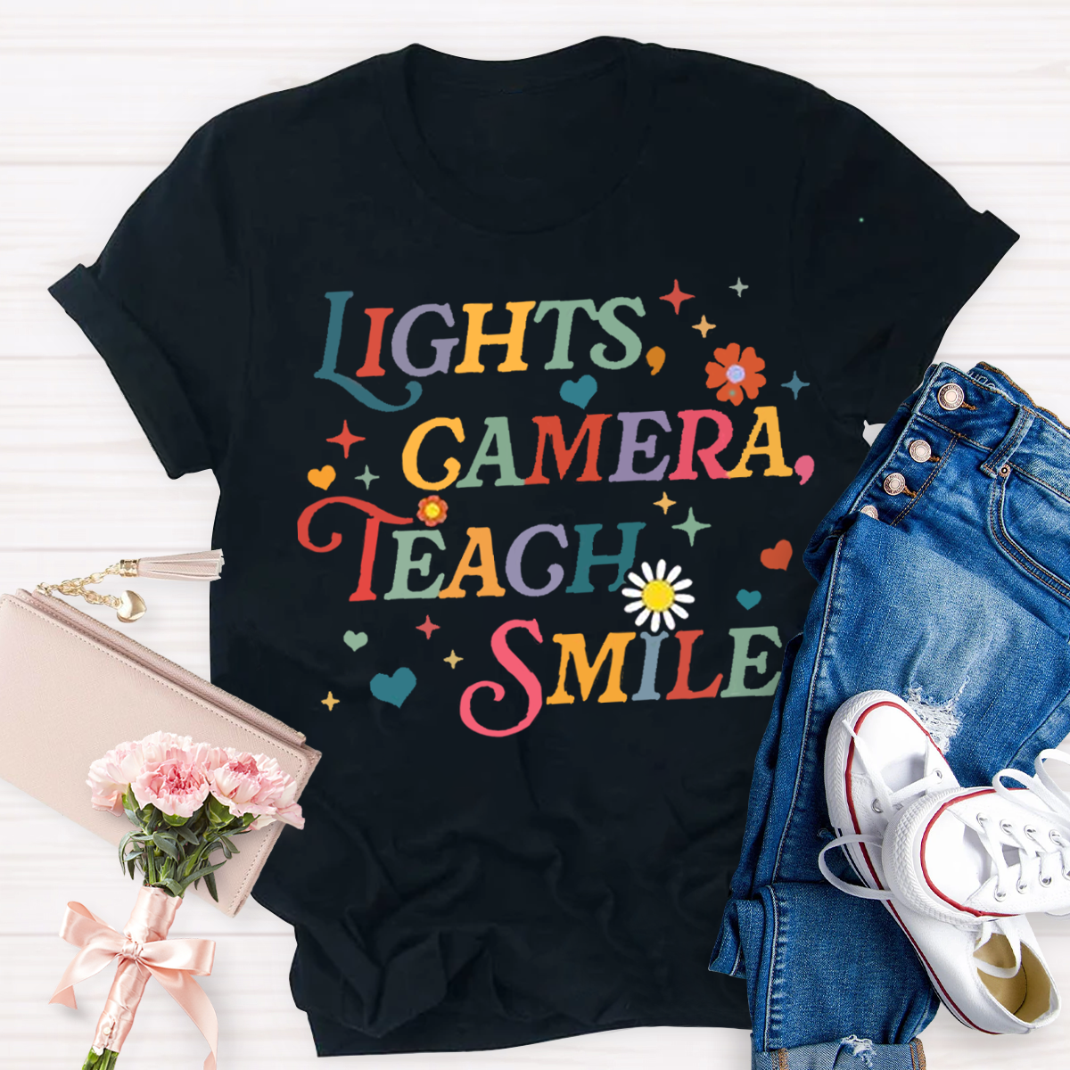 Lights Camera Teach Smile Teacher T-Shirt