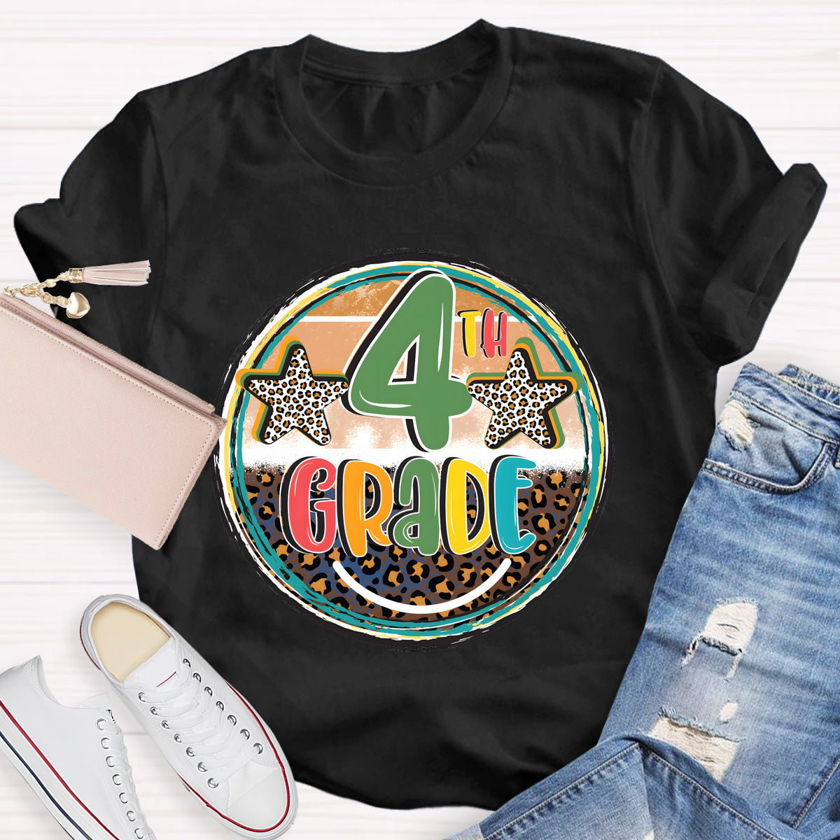 Personalized Grade Leopard Star 4th Grade Teacher T-Shirt