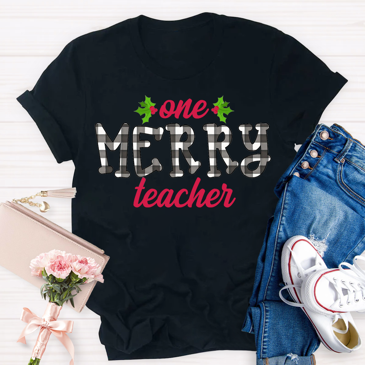 One Merry Teacher Christmas Plaid T-Shirt