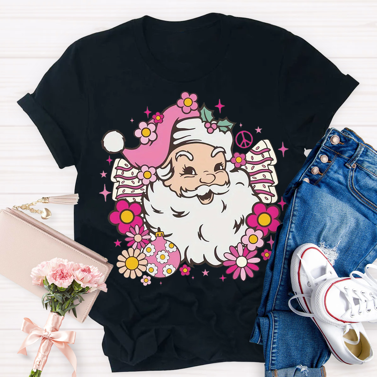 Hippie Santa Groovy Peace Christmas Teacher T-Shirt