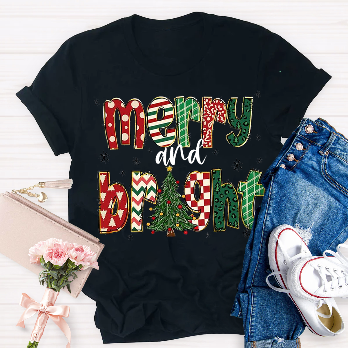 Merry and Bright Retro Christmas Tree Teacher T-Shirt