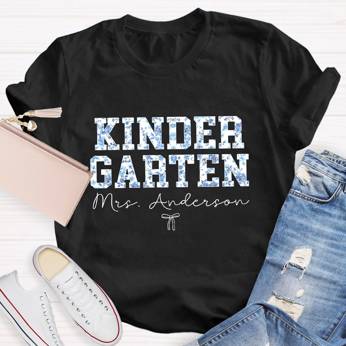 Personalized Kindergarten Teacher Name Blue Flower T-Shirt
