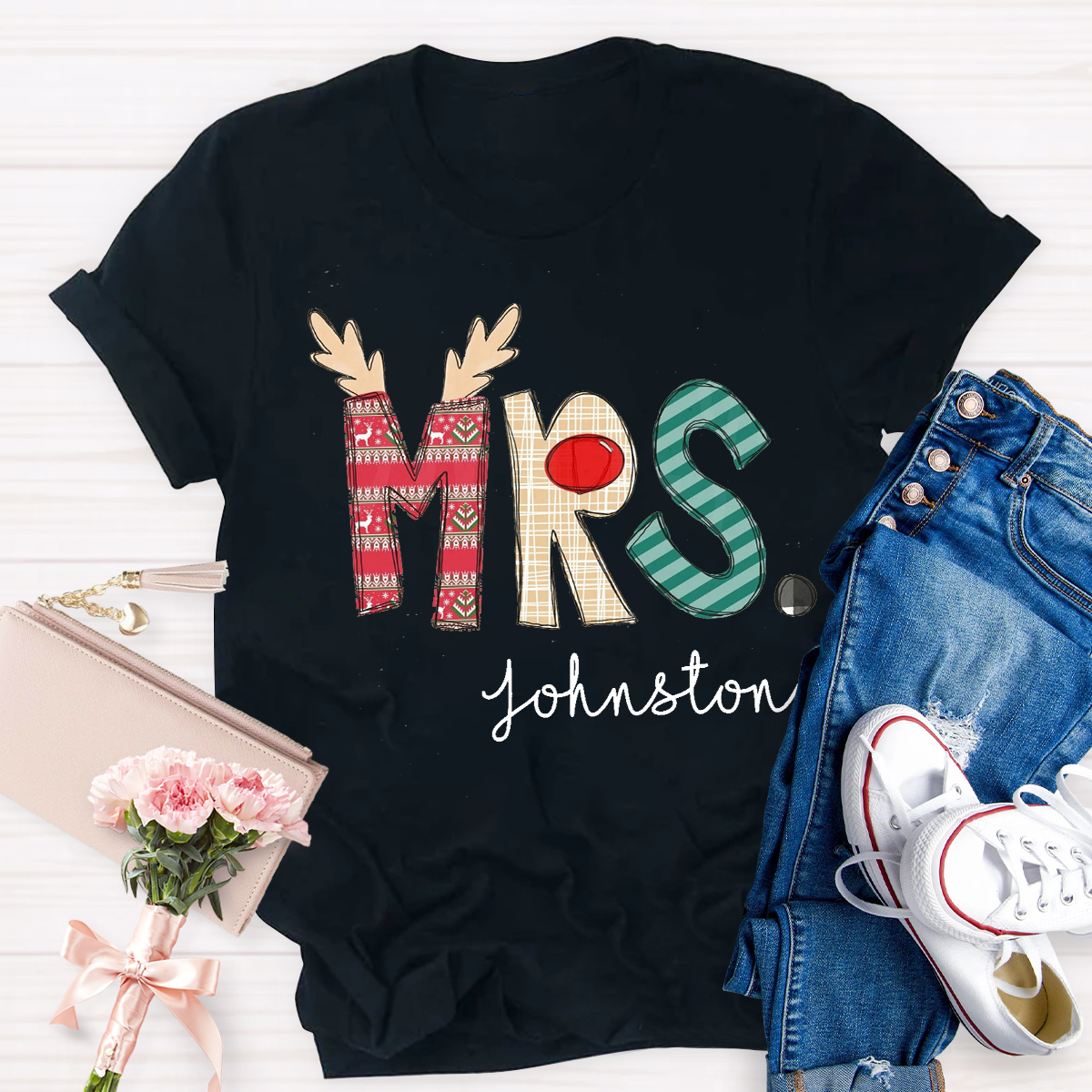 Personalized Christmas Classic Pattern Teacher Name Teacher T-Shirt