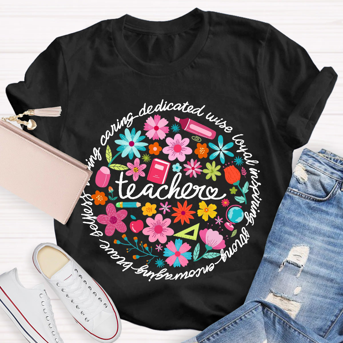 Loving Caring Dedicated Floral Teacher T-Shirt