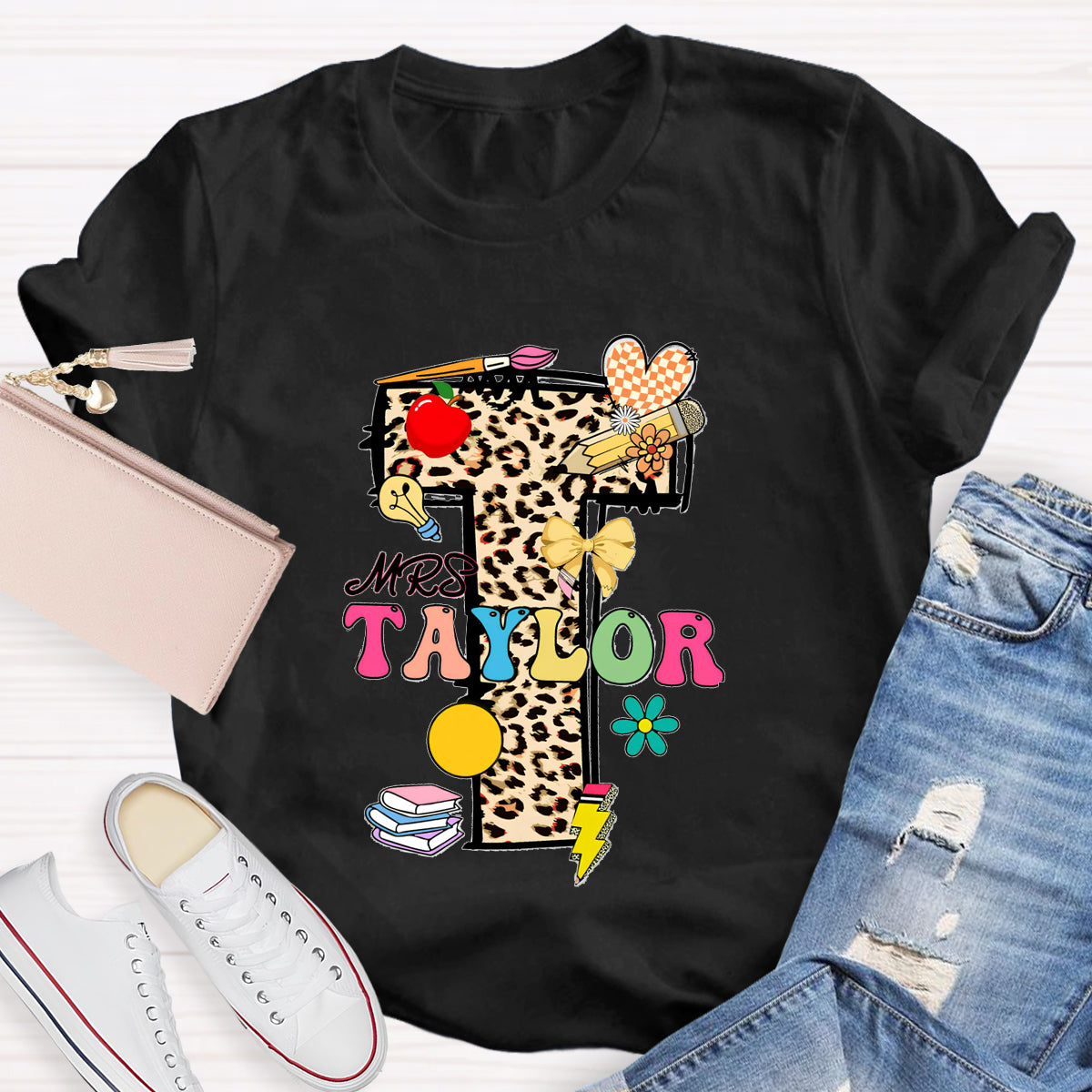Personalized Name Leopard print Letter Teacher T-Shirt