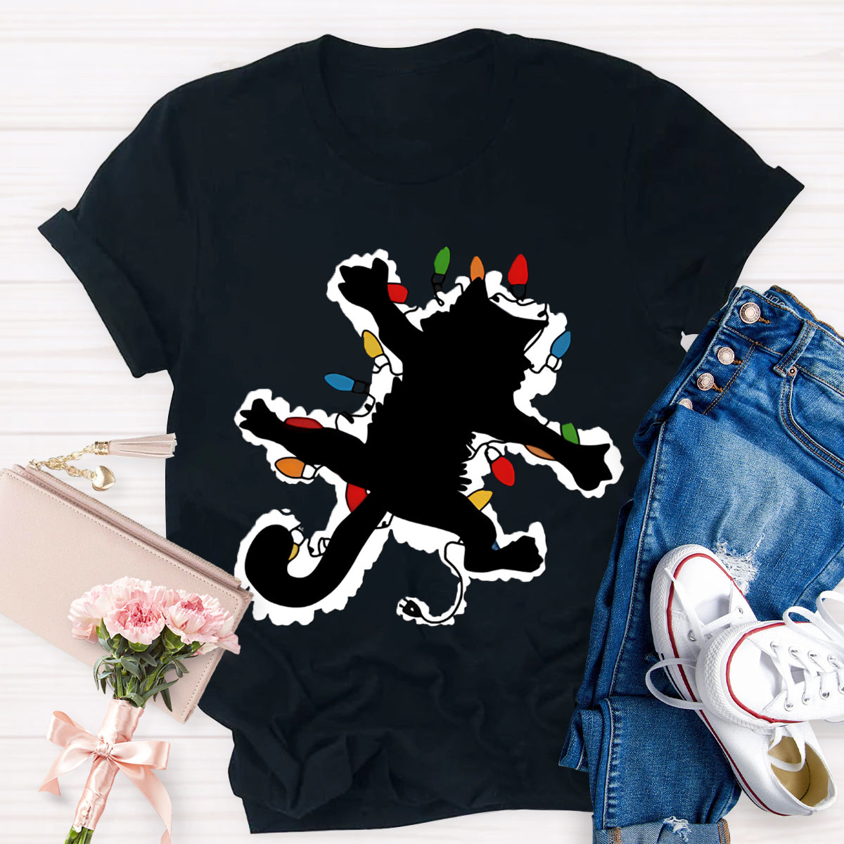 Pussy Cat And  Lights Christmas T-Shirt