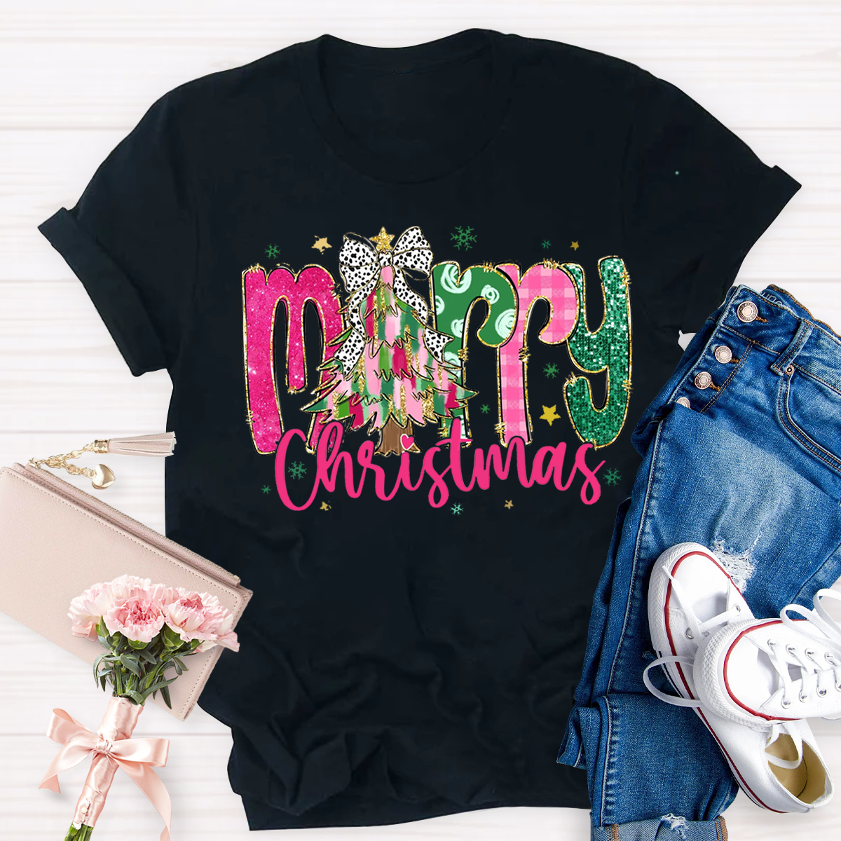 Colorful Glitter Merry Christmas Teacher T-Shirt