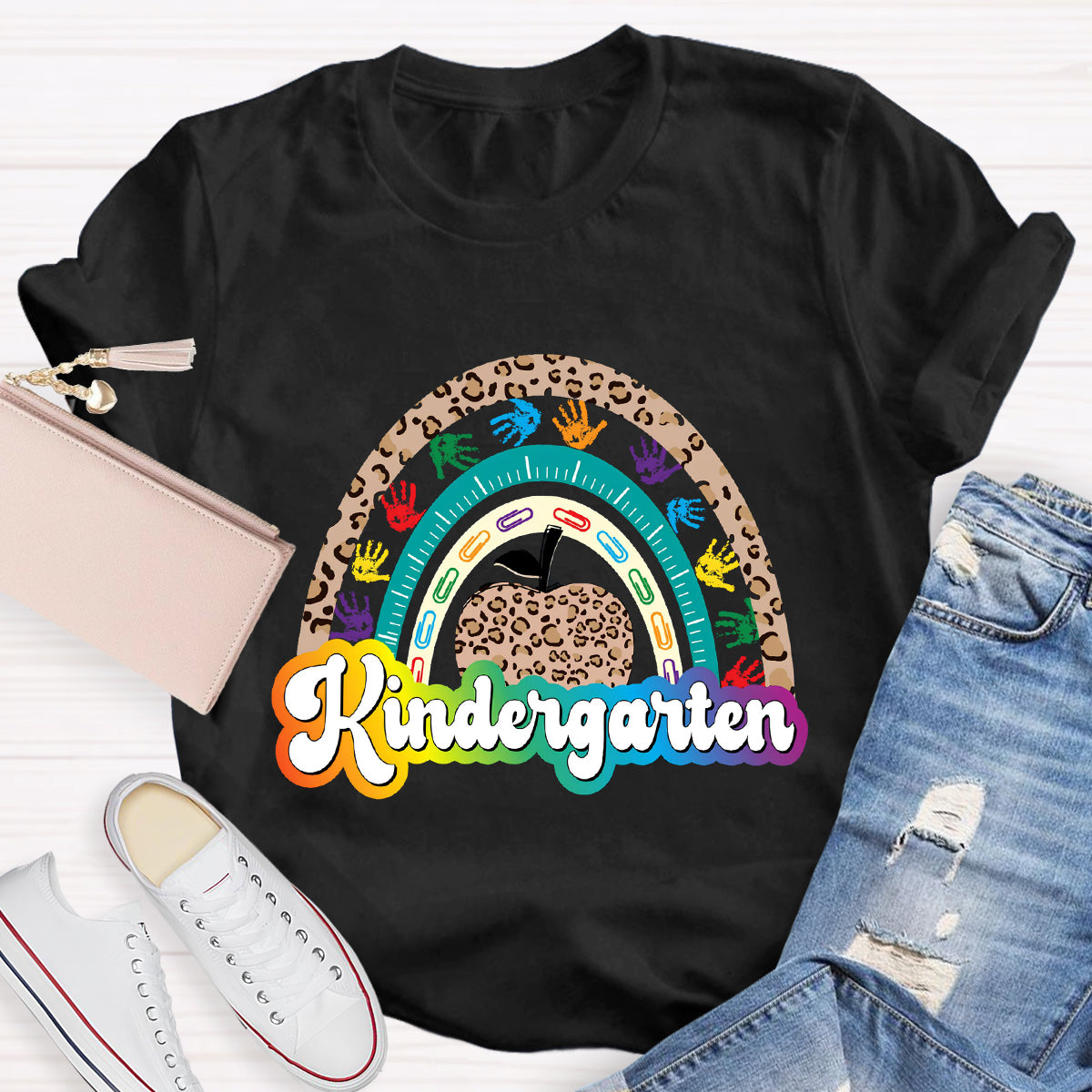 Personalized Grade Leopard Apple Rainbow Teacher T-Shirt