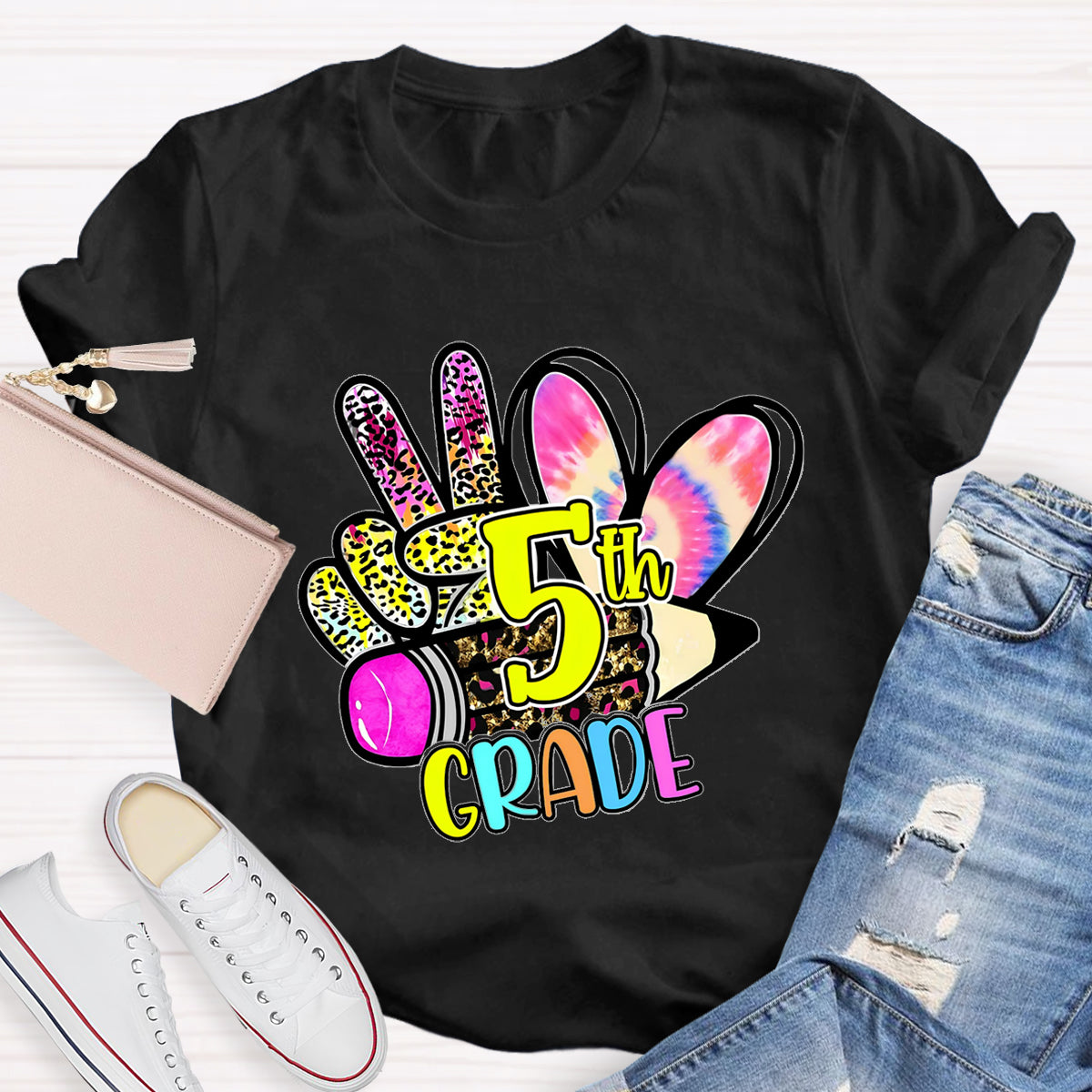 Personalized Grade Colorful  Leopard Heart  5th Grade Teacher T-Shirt