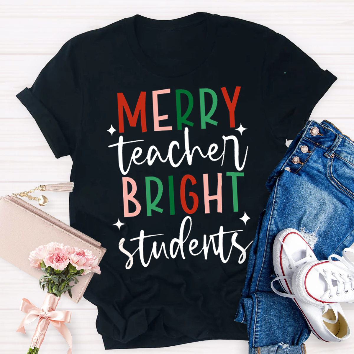 Merry Teacher Bright Students Christmas Teacher T-Shirt